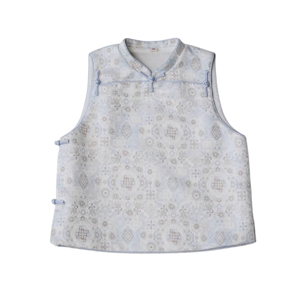 Gilet unisexe MaNa en jacquard bleu clair avec bordure en soie