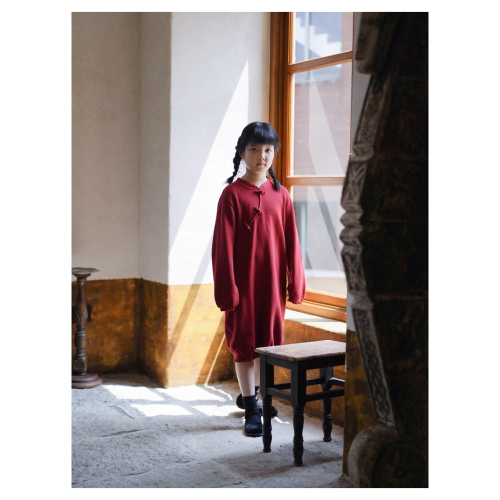 Robe cheongsam en tricot de coton rouge pour filles MaNa pour le Nouvel An chinois