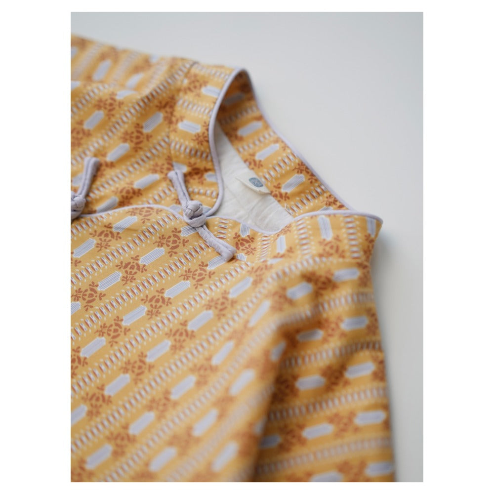 MaNa Girls' Cotton Top with Handmade Frog Buttons and Oversized Sleeves - Orange Print