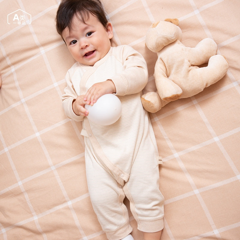 ANNIEWIN Barboteuse rayée beige en coton biologique pour nouveau-né