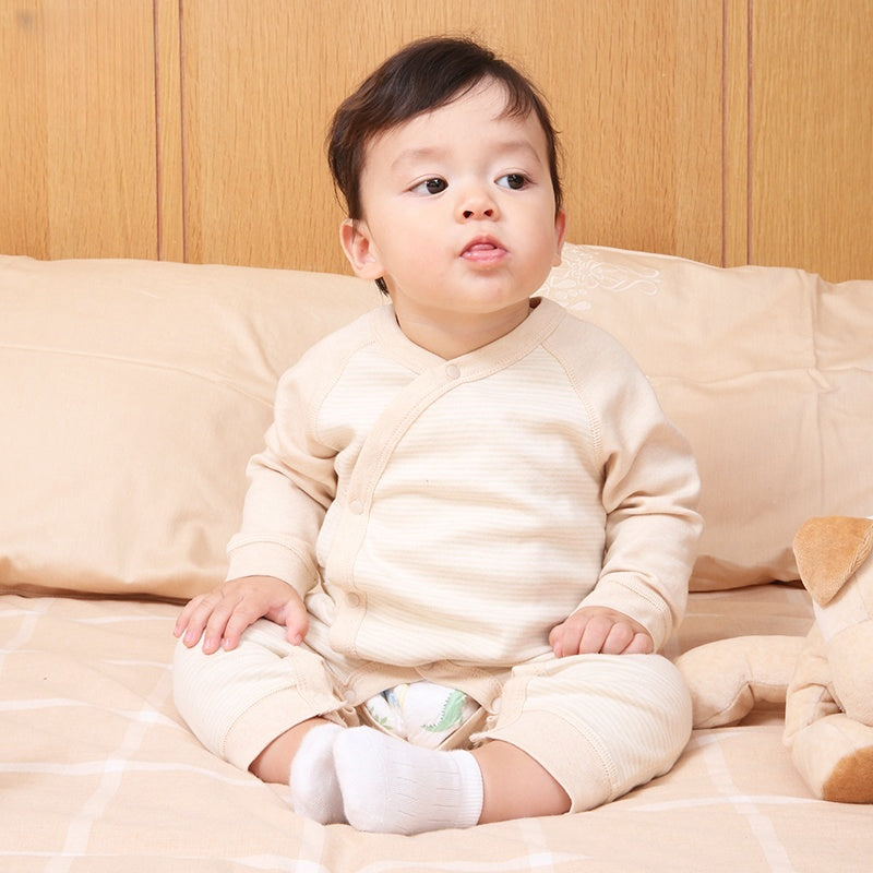 ANNIEWIN Barboteuse rayée beige en coton biologique pour nouveau-né