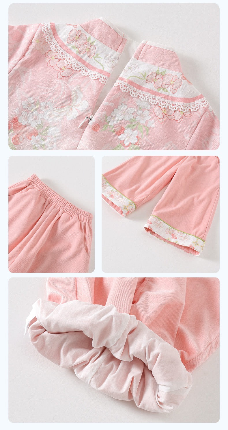 Collage of pink pajama set with floral lace details on a white background