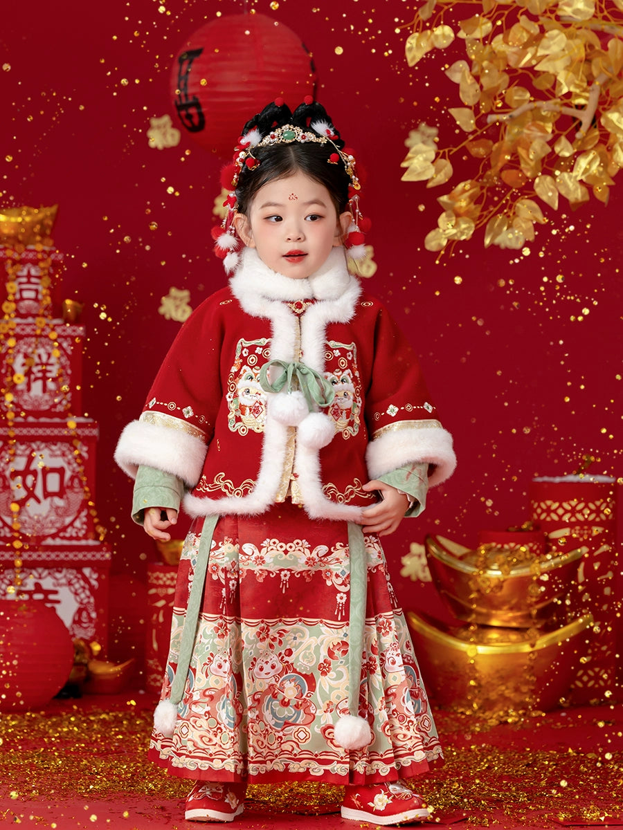 MengHu Girls' Hanfu Mamian Skirt Chinese New Year 2-Piece Set ---Duofulu