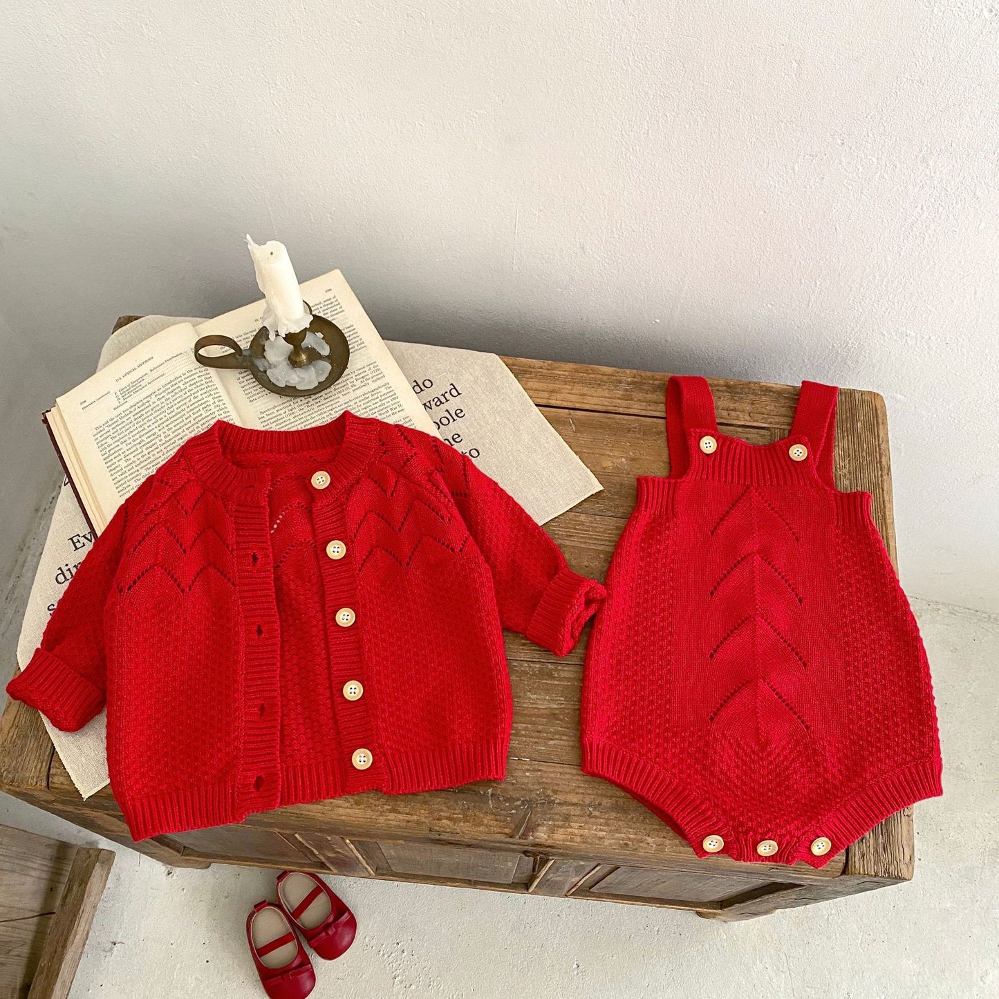 Ensemble 2 pièces body et cardigan en tricot rouge pour bébé fille