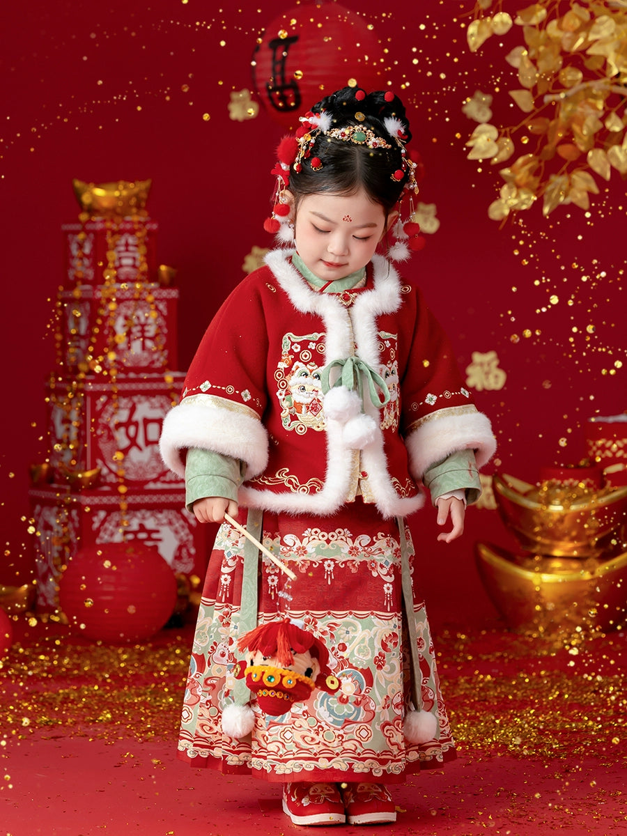 MengHu Girls' Hanfu Mamian Skirt Chinese New Year 2-Piece Set ---Duofulu