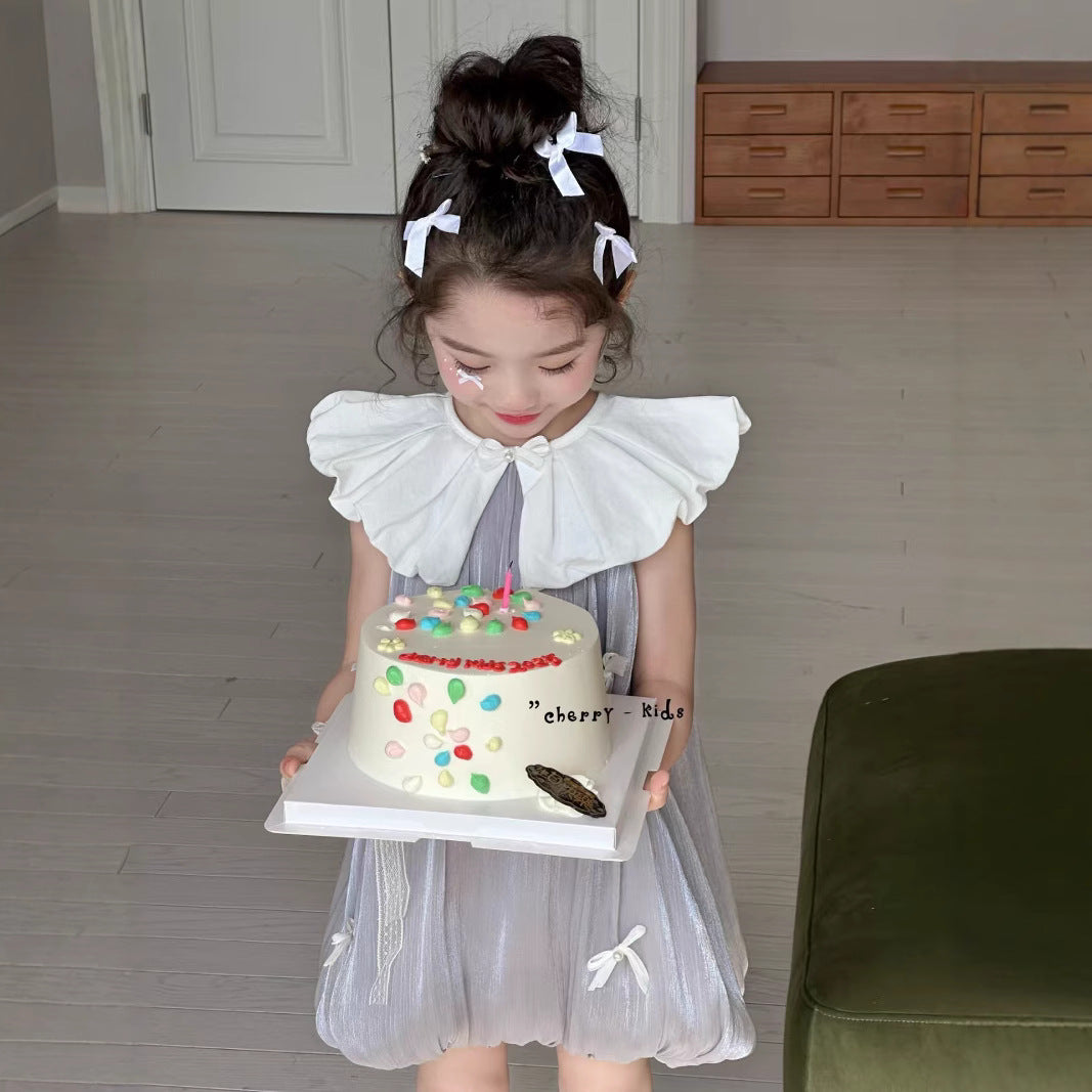 Cherry Silver Gray Bow Dreamer Toddler Dress (90-130/18m-7y)