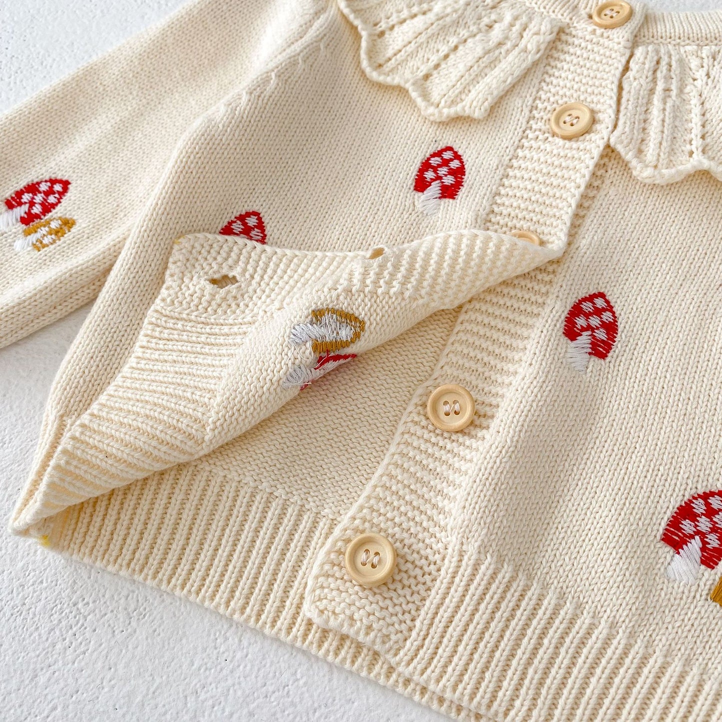 Ensemble 2 pièces cardigan et barboteuse en tricot champignon pour bébé/petite fille