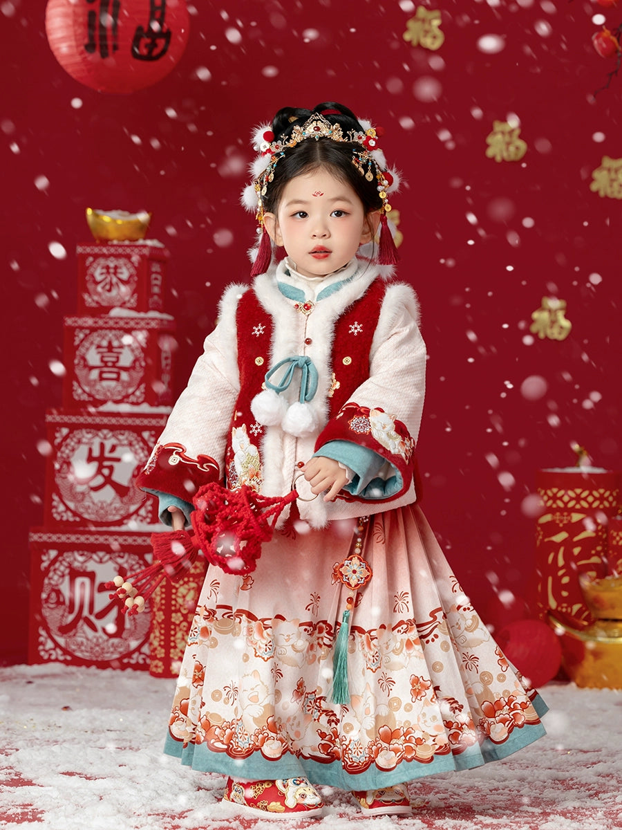 MengHu Girls' Hanfu Mamian Skirt Chinese New Year 2-Piece Set ---Zhaocaimiao