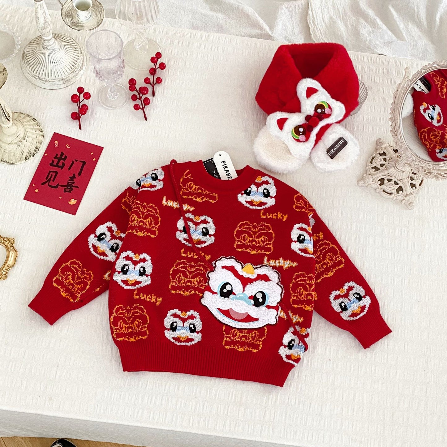Festive Fortune Lion Dance Celebration Sweater for Kids---Chinese New Year