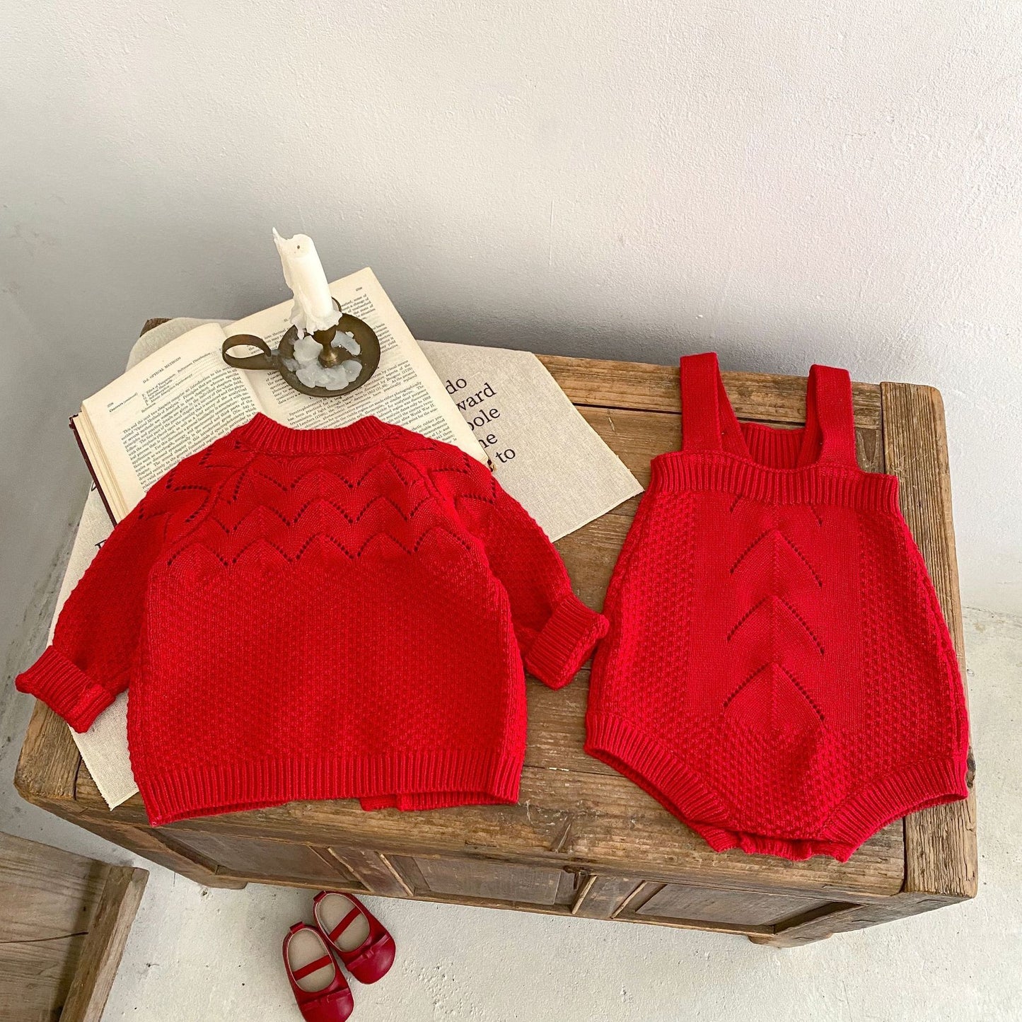 Ensemble 2 pièces body et cardigan en tricot rouge pour bébé fille