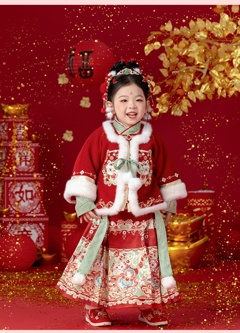 MengHu Girls' Hanfu Mamian Skirt Chinese New Year 2-Piece Set ---Duofulu