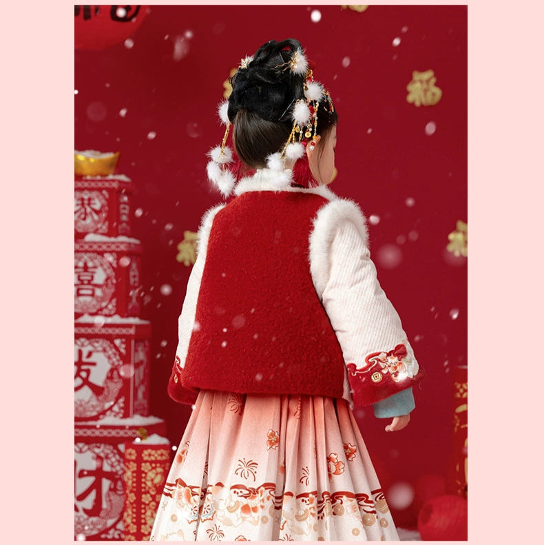 MengHu Girls' Hanfu Mamian Skirt Chinese New Year 2-Piece Set ---Zhaocaimiao
