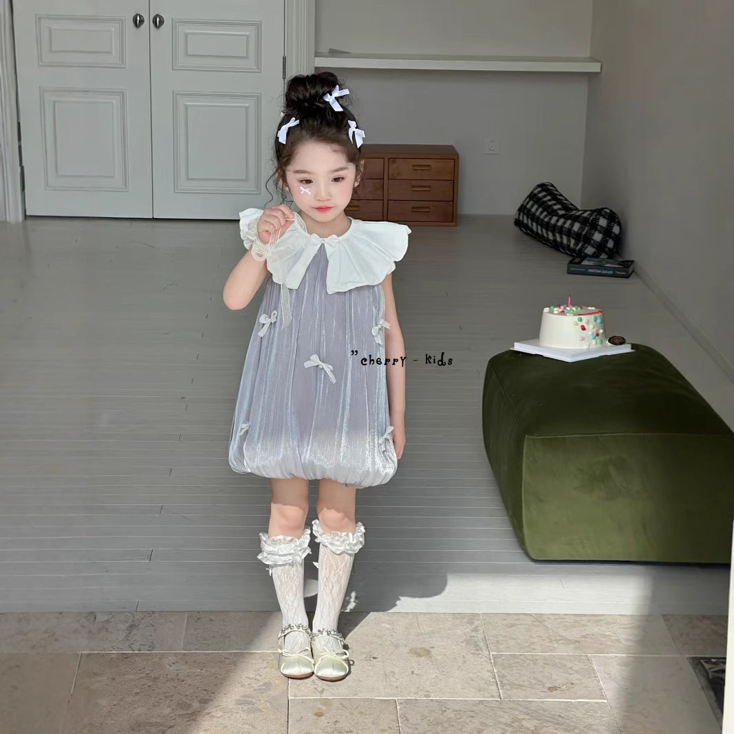 Cherry Silver Gray Bow Dreamer Toddler Dress (90-130/18m-7y)