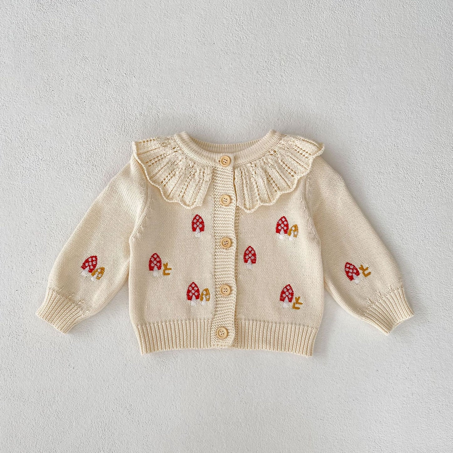 Ensemble 2 pièces cardigan et barboteuse en tricot champignon pour bébé/petite fille