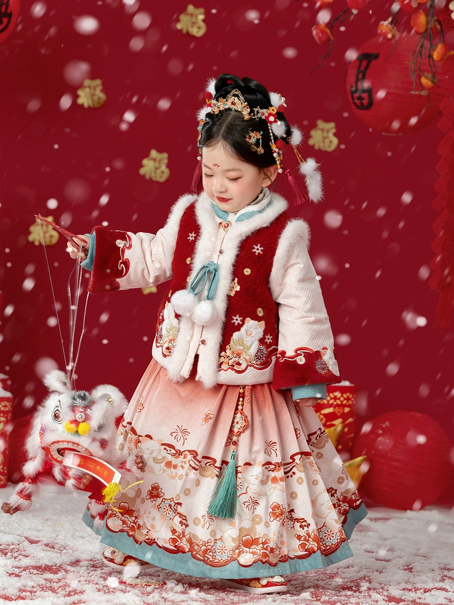 MengHu Girls' Hanfu Mamian Skirt Chinese New Year 2-Piece Set ---Zhaocaimiao