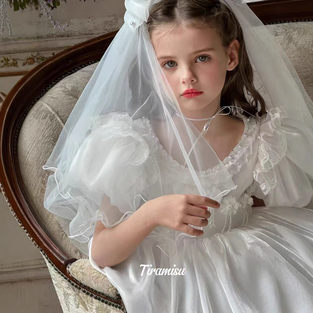 Tiramisu Girls' Angelic White Blossom Dress with Veil (100-150/3y-12y)