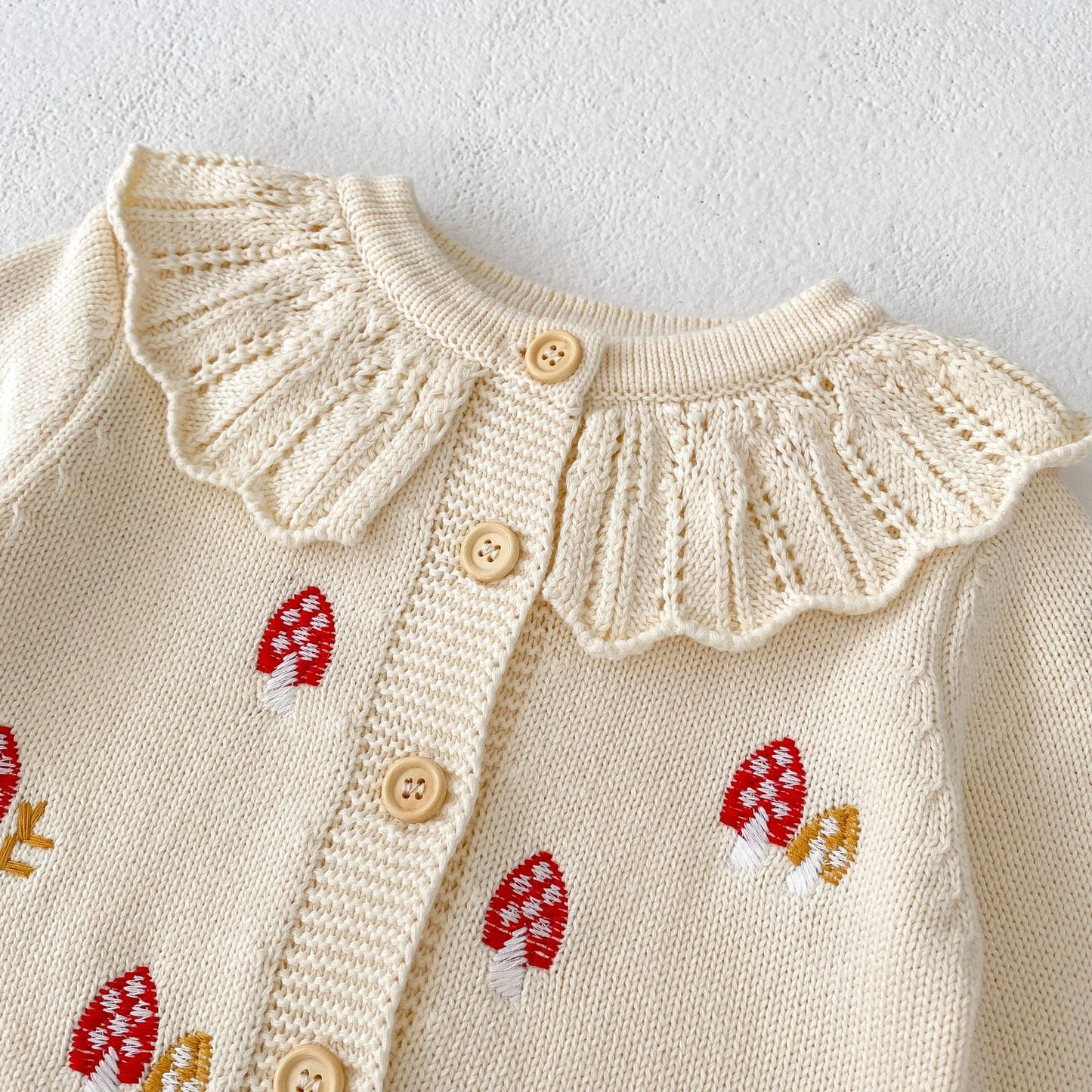 Ensemble 2 pièces cardigan et barboteuse en tricot champignon pour bébé/petite fille