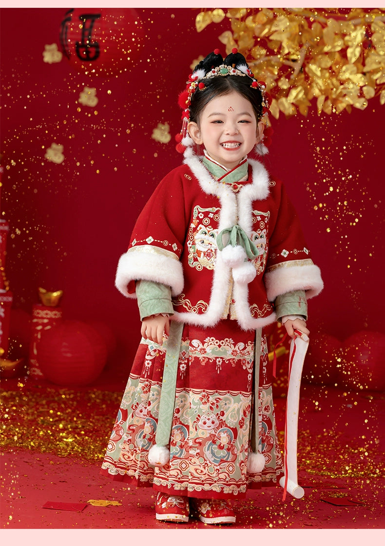 MengHu Girls' Hanfu Mamian Skirt Chinese New Year 2-Piece Set ---Duofulu