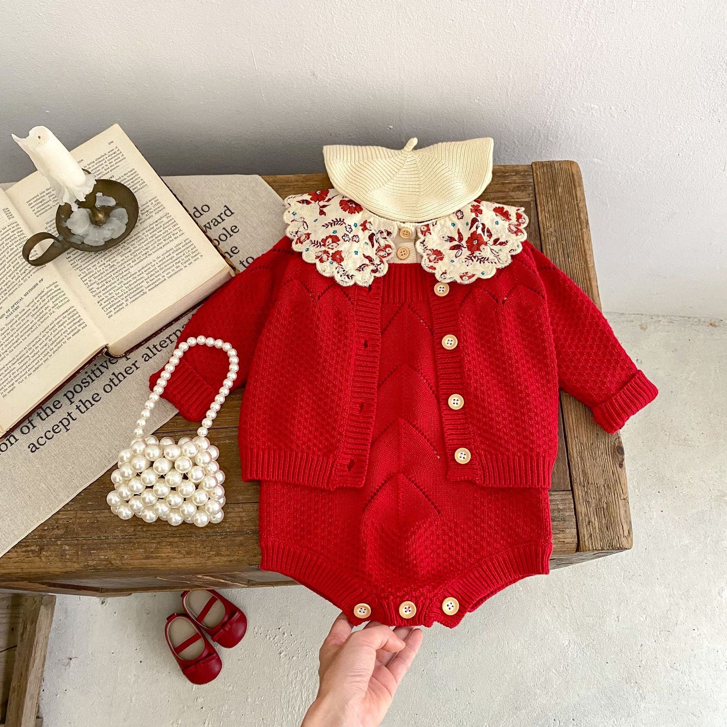 Ensemble 2 pièces body et cardigan en tricot rouge pour bébé fille