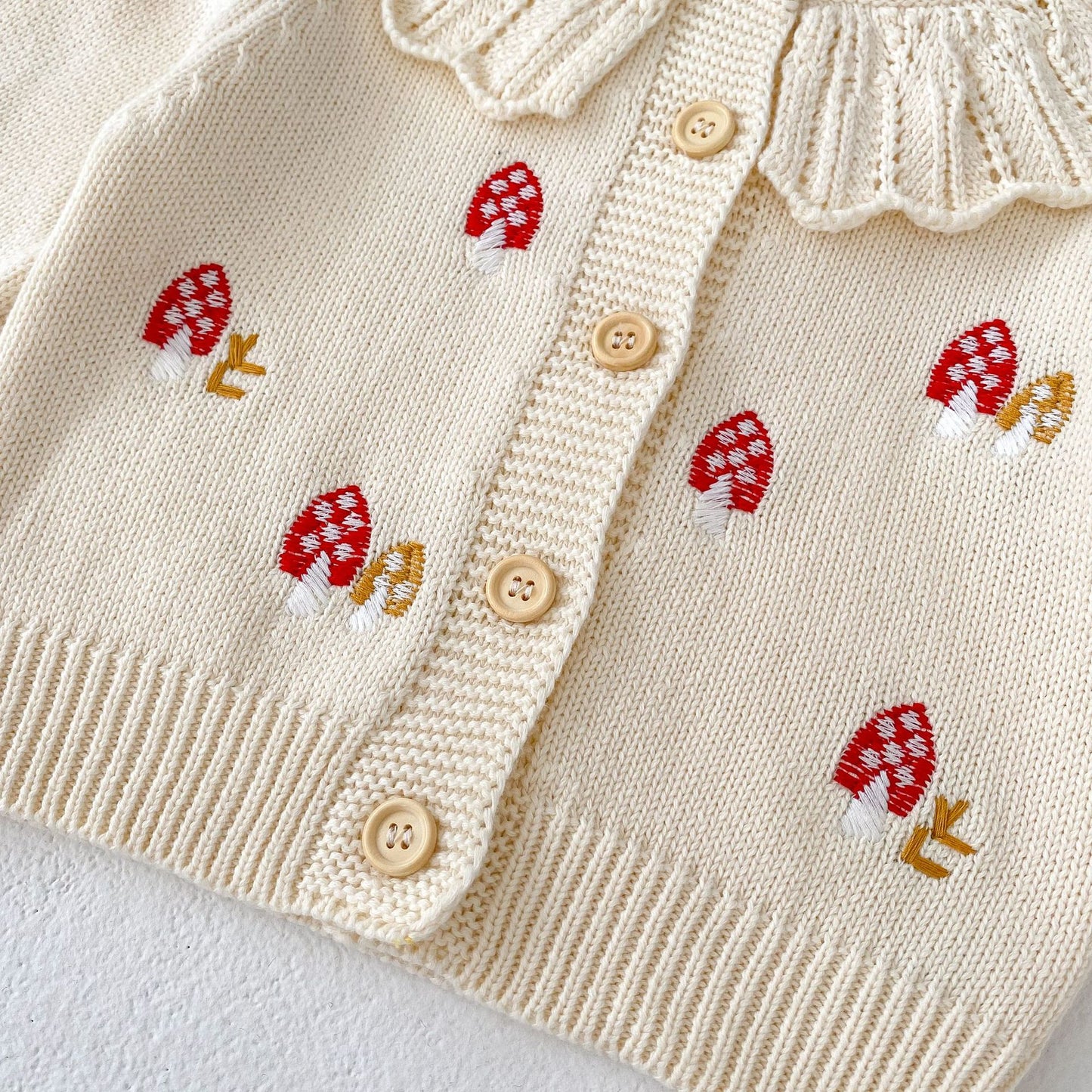 Ensemble 2 pièces cardigan et barboteuse en tricot champignon pour bébé/petite fille