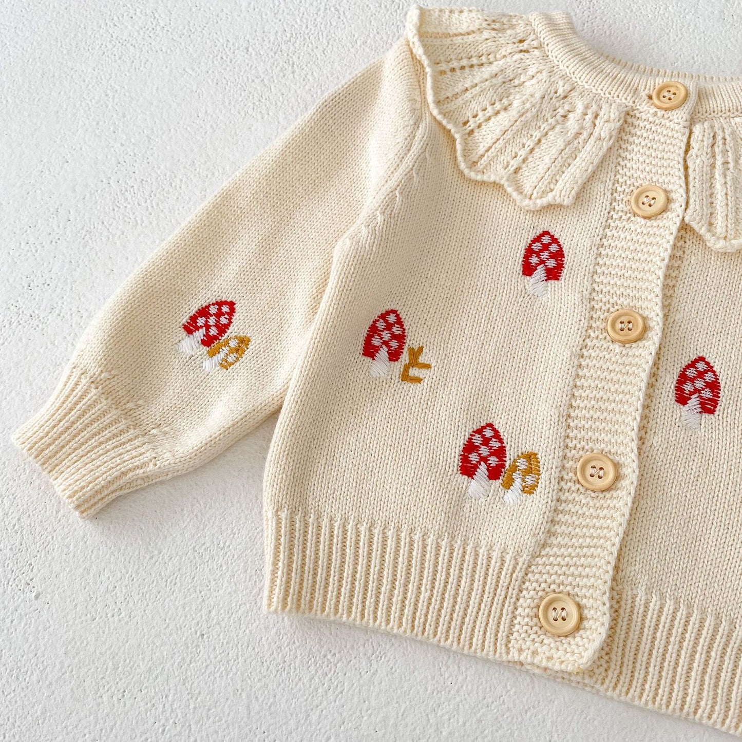 Ensemble 2 pièces cardigan et barboteuse en tricot champignon pour bébé/petite fille