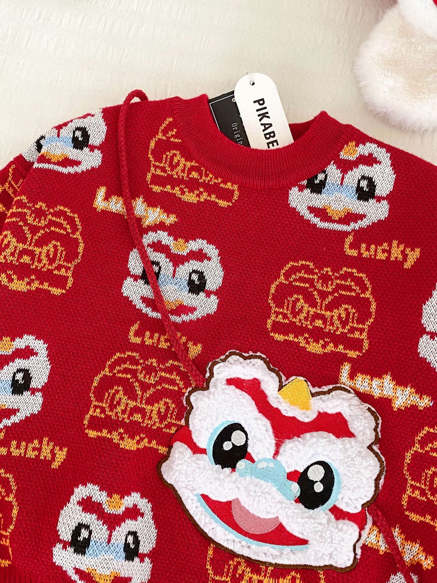 Festive Fortune Lion Dance Celebration Sweater for Kids---Chinese New Year