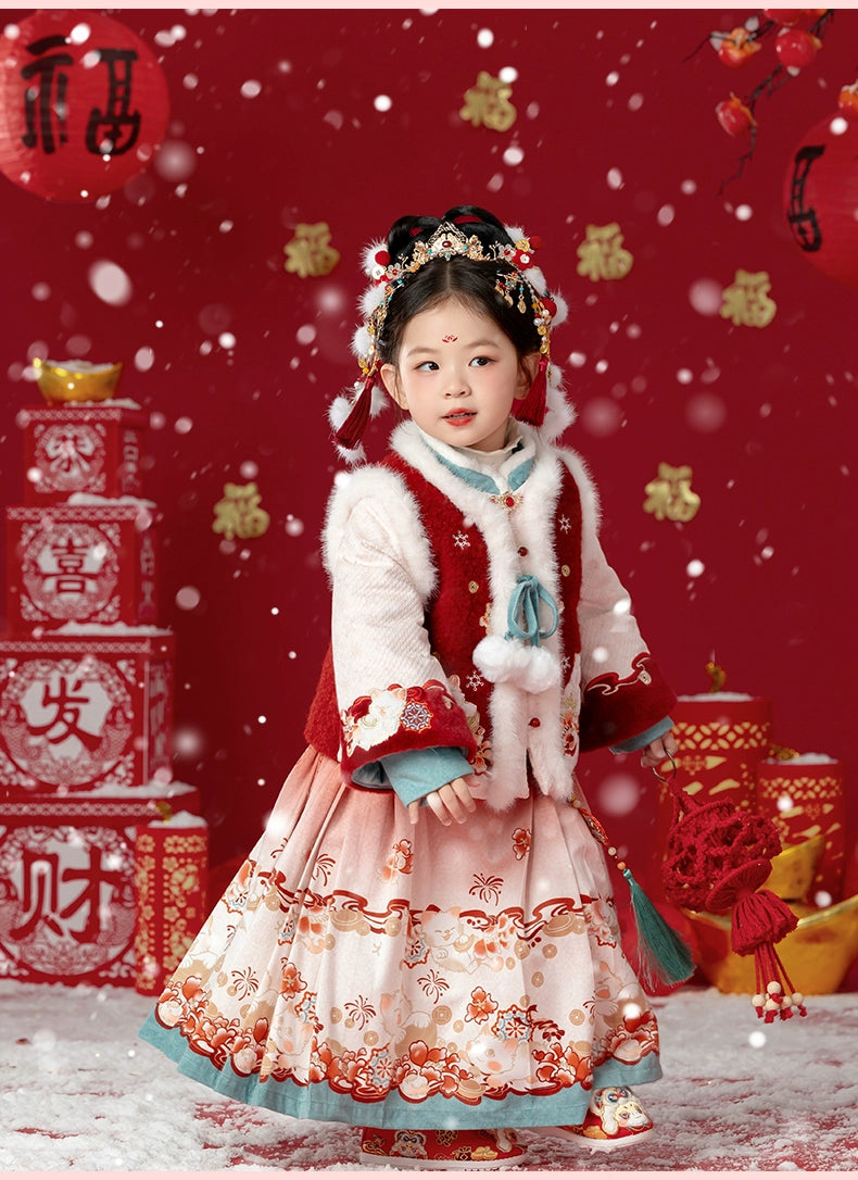 MengHu Girls' Hanfu Mamian Skirt Chinese New Year 2-Piece Set ---Zhaocaimiao