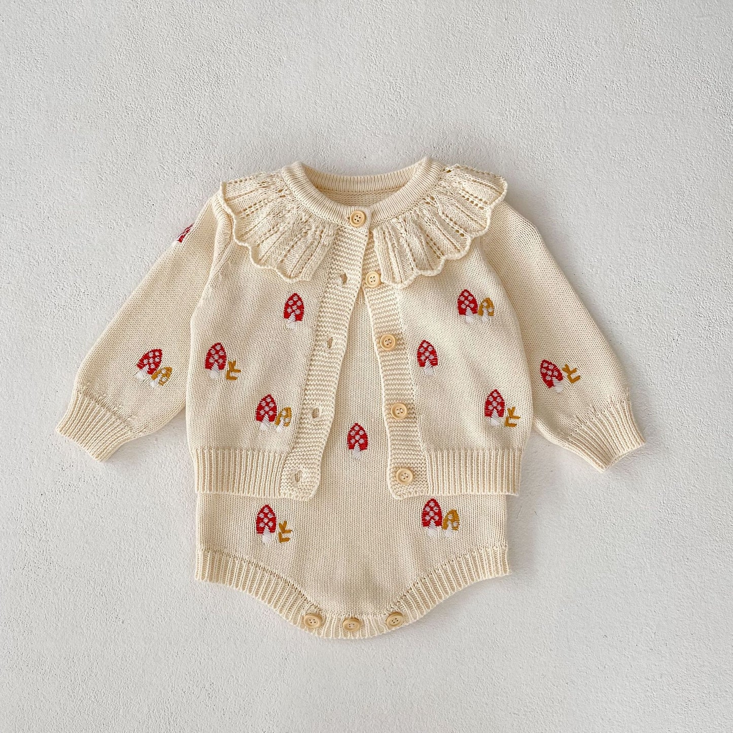 Ensemble 2 pièces cardigan et barboteuse en tricot champignon pour bébé/petite fille