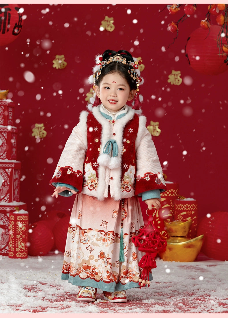 MengHu Girls' Hanfu Mamian Skirt Chinese New Year 2-Piece Set ---Zhaocaimiao