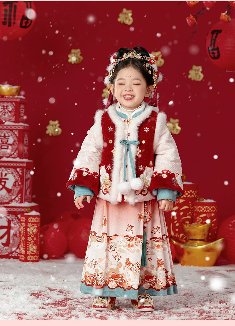MengHu Girls' Hanfu Mamian Skirt Chinese New Year 2-Piece Set ---Zhaocaimiao