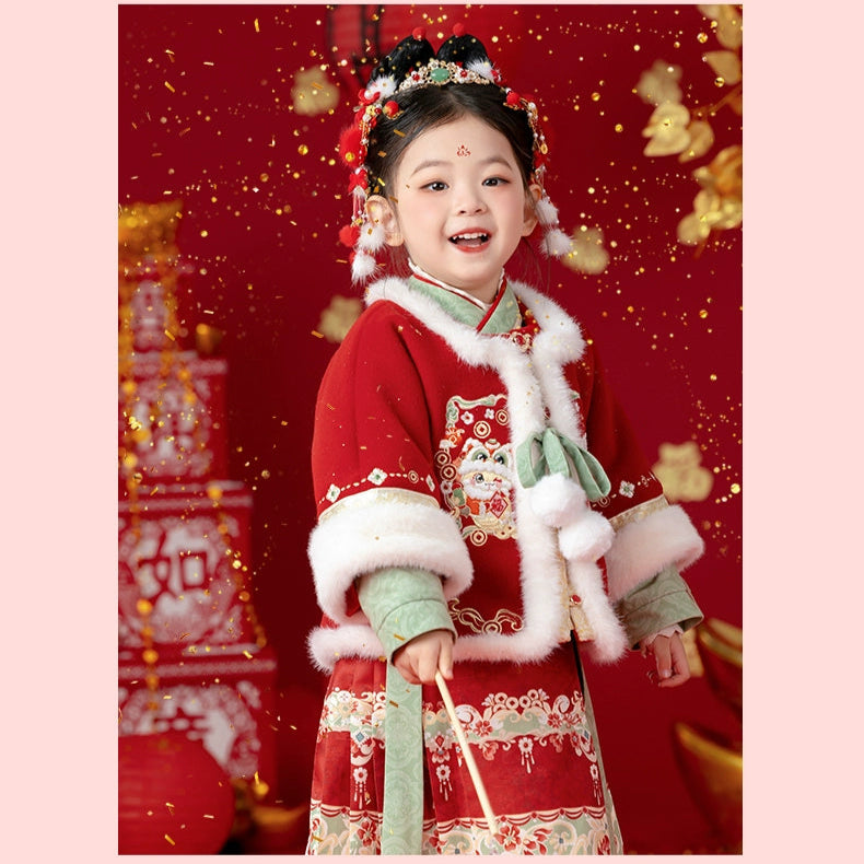 MengHu Girls' Hanfu Mamian Skirt Chinese New Year 2-Piece Set ---Duofulu
