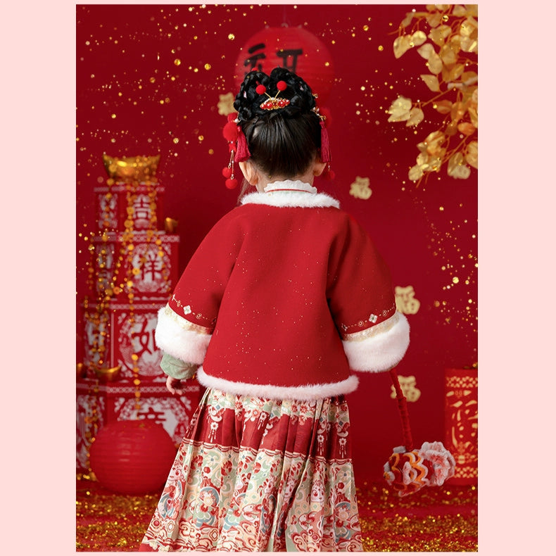 MengHu Girls' Hanfu Mamian Skirt Chinese New Year 2-Piece Set ---Duofulu
