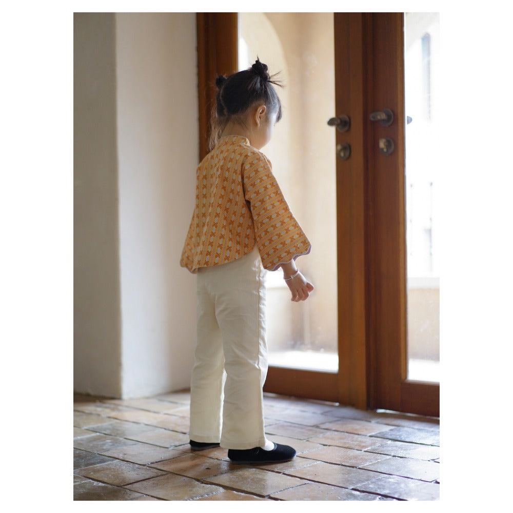 MaNa Girls' Cotton Top with Handmade Frog Buttons and Oversized Sleeves - Orange Print