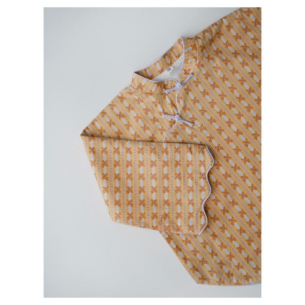 MaNa Girls' Cotton Top with Handmade Frog Buttons and Oversized Sleeves - Orange Print