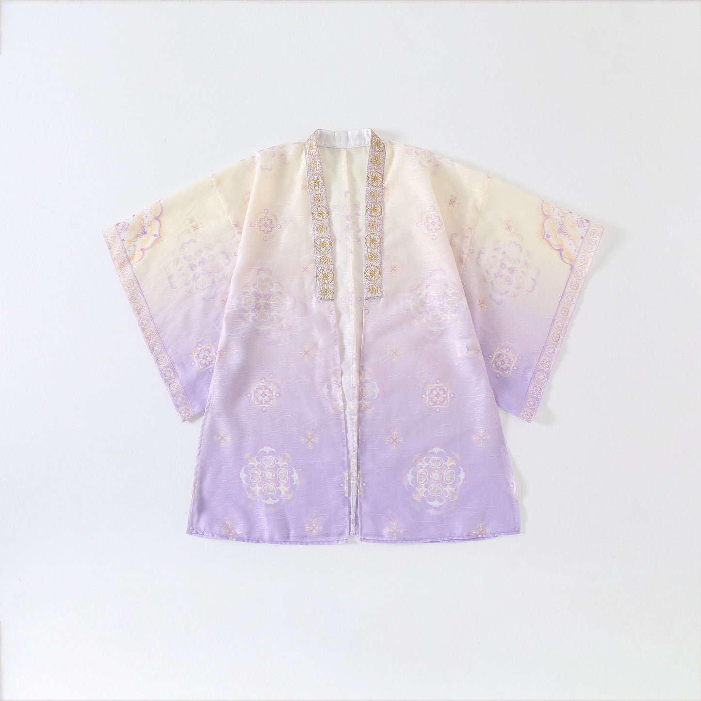 Light purple kimono-style garment with floral patterns on a white background