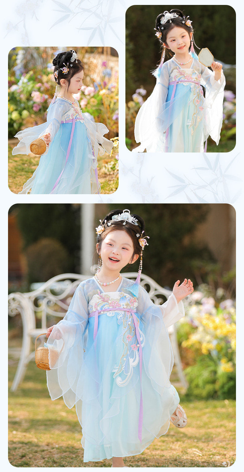 JXGX Girls Blue Hanfu Dress – Elegant Chinese Fairy Dress Kids Traditional Embroidered Princess Outfit ---YangCai