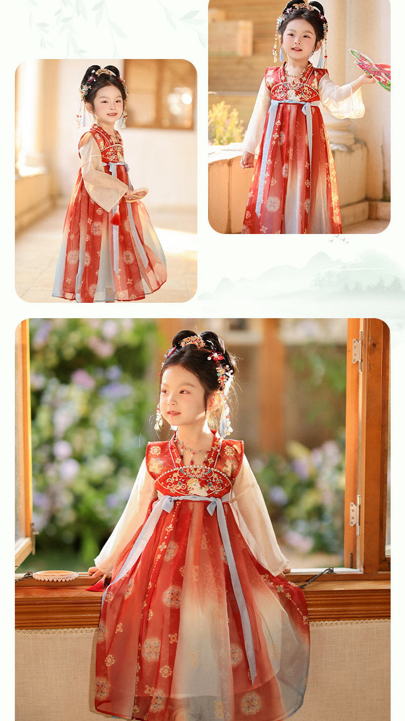 Child wearing a red and white traditional outfit with floral patterns in various settings.