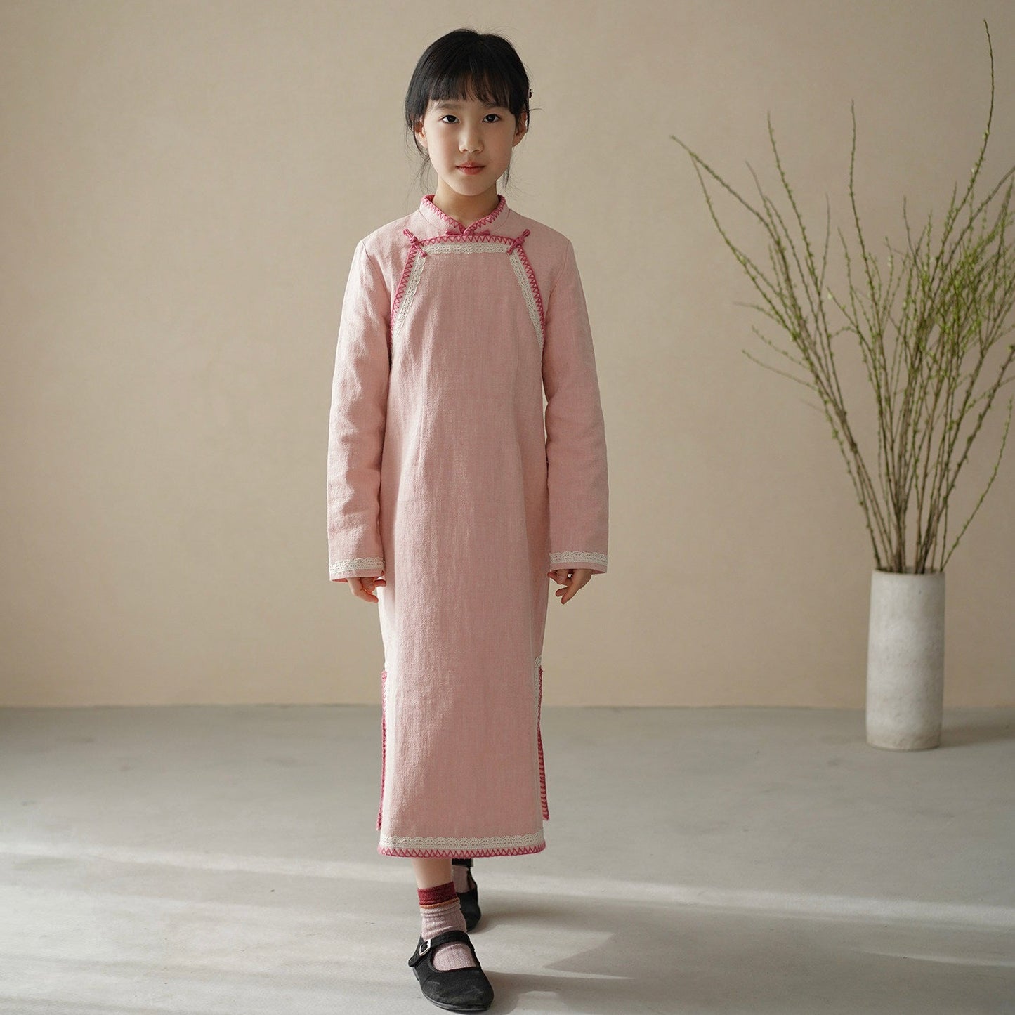 Manna Blush Linen Heritage Qipao Dress