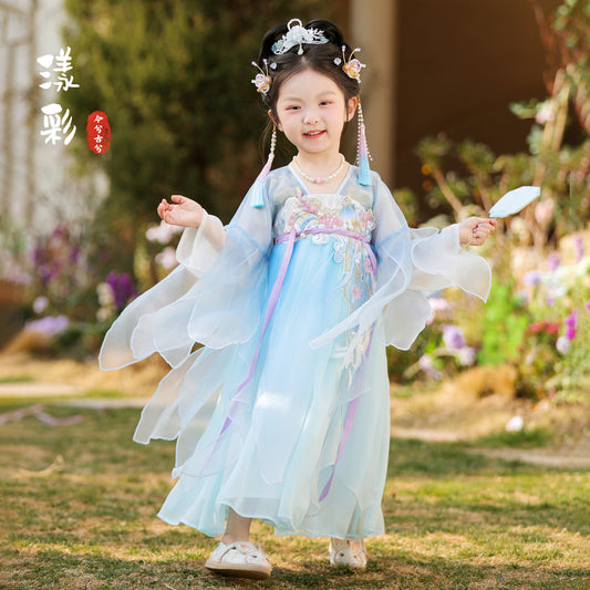 JXGX Girls Blue Hanfu Dress – Elegant Chinese Fairy Dress Kids Traditional Embroidered Princess Outfit ---YangCai