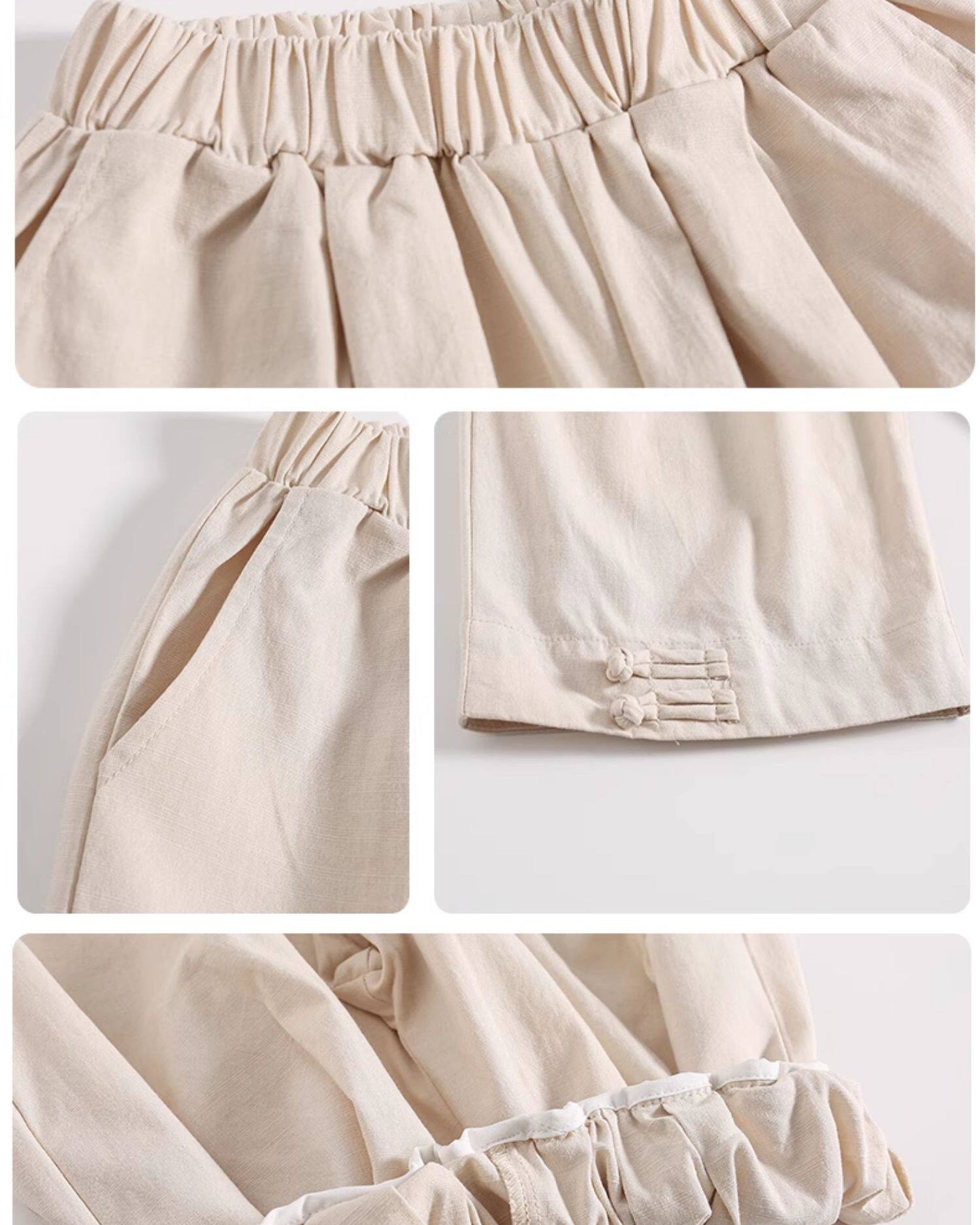 Collage of beige skirt details on a white background