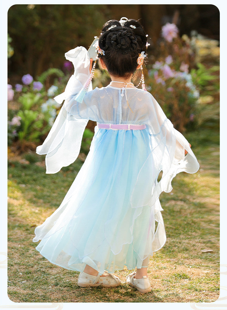 JXGX Girls Blue Hanfu Dress – Elegant Chinese Fairy Dress Kids Traditional Embroidered Princess Outfit ---YangCai