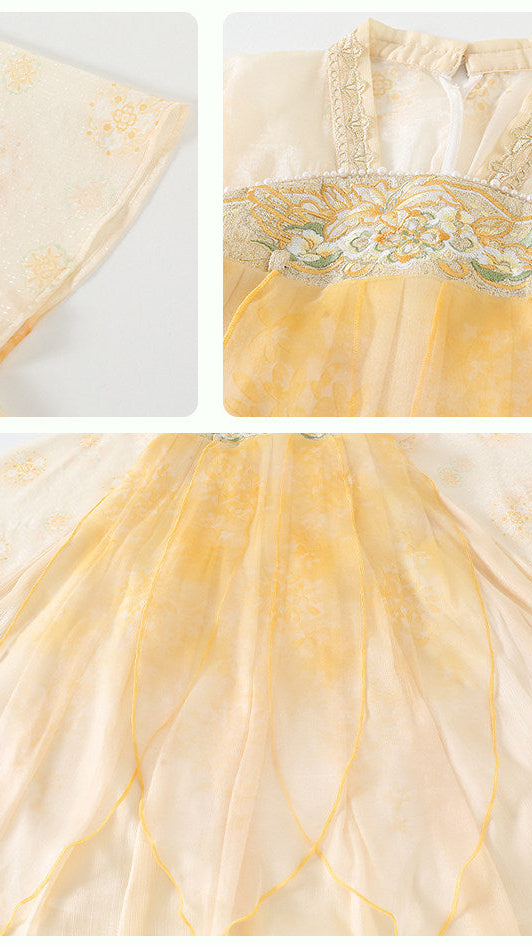 Collage of a beige embroidered garment with gold details on a white background