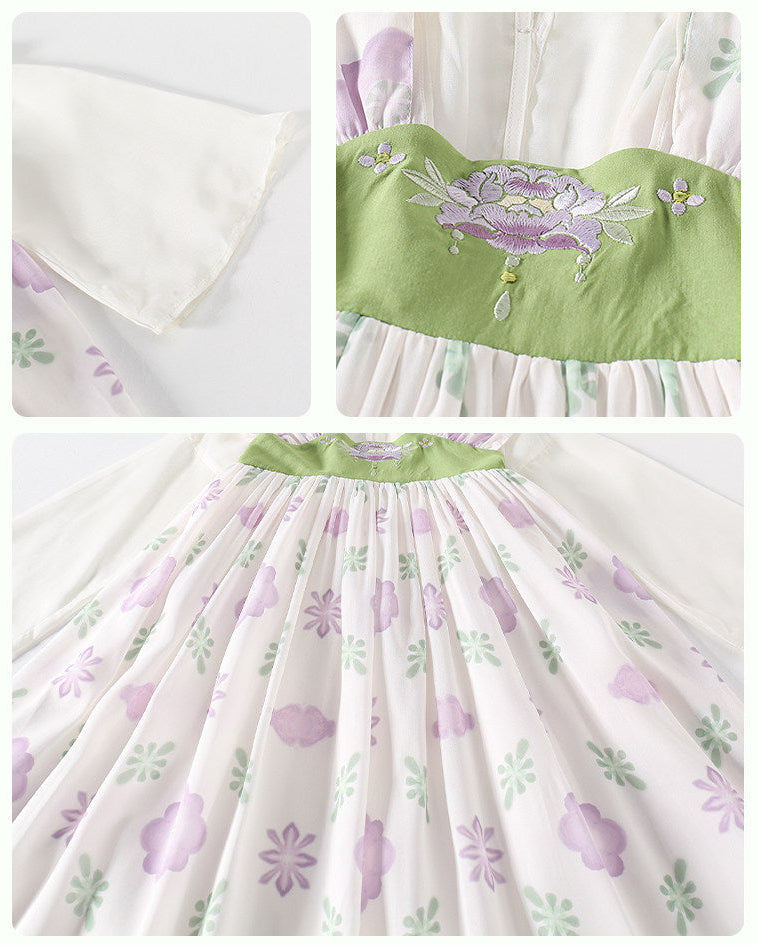 Collage of a green and white dress with floral patterns on a white background