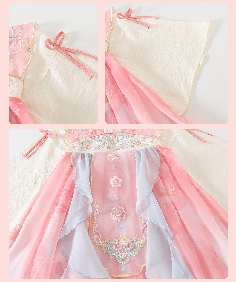 Collage of a pink and white traditional outfit with intricate embroidery on a light pink background.