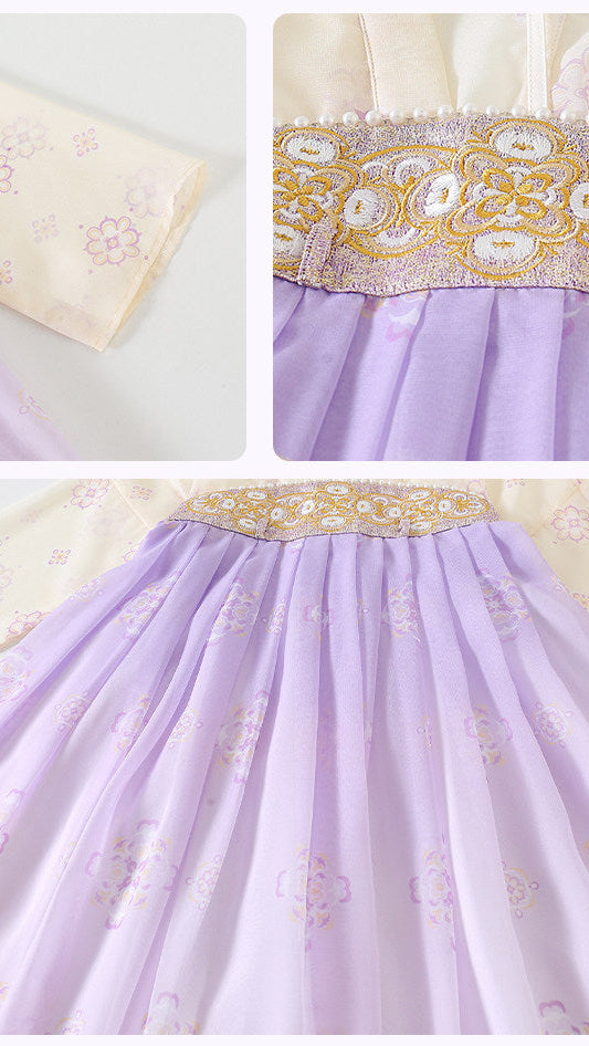 Collage of a lavender fabric with gold embroidery on a white background