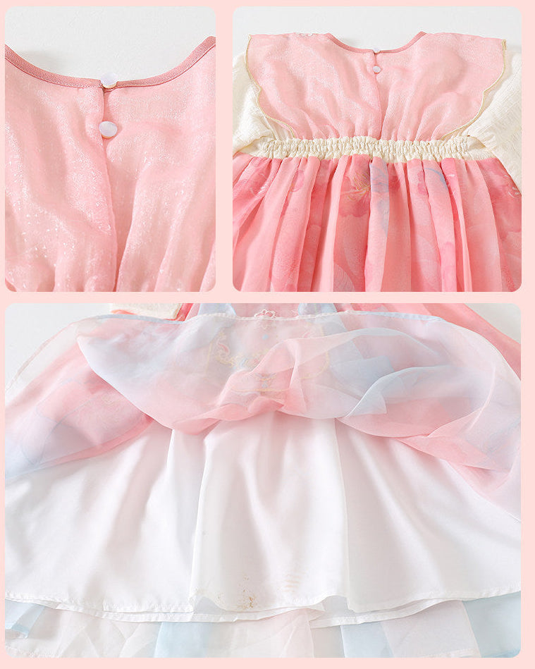 Collage of a pink and white dress with close-up details on a light pink background.