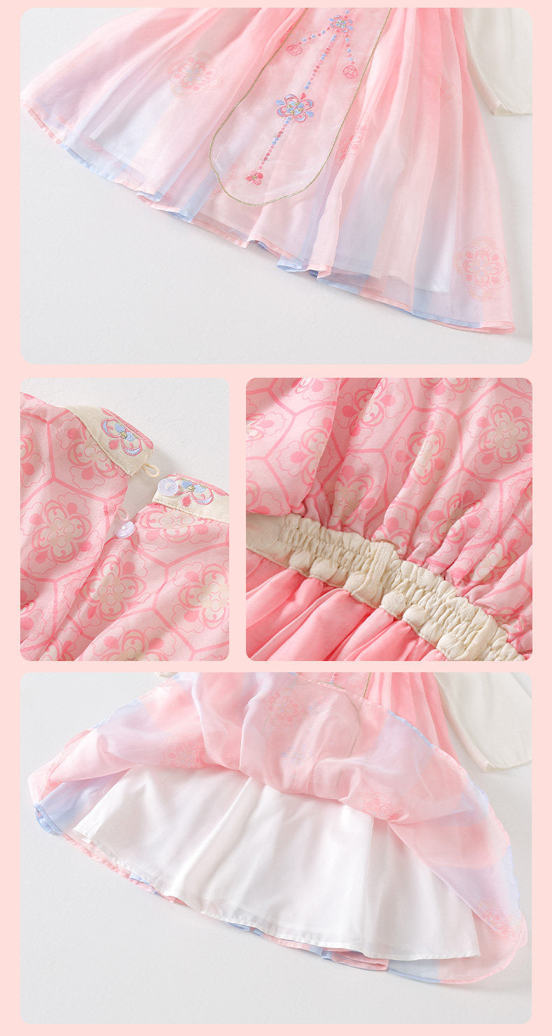 Collage of a pink dress with floral patterns on a light pink background