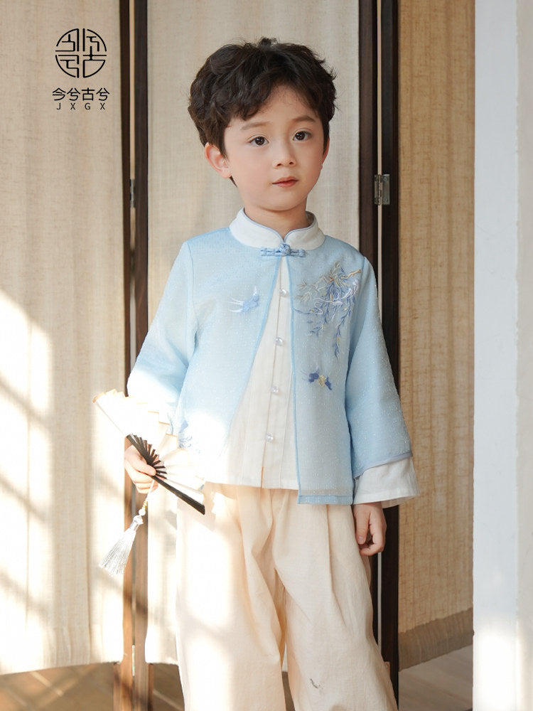 Child wearing a light blue traditional outfit with floral embroidery, standing indoors.