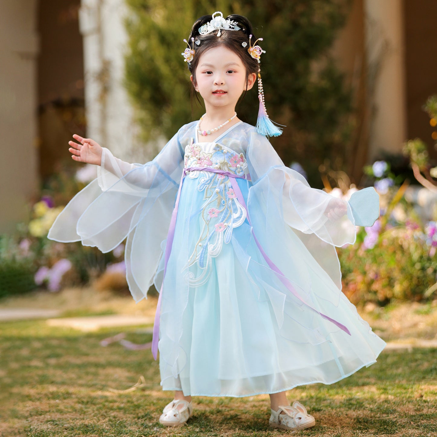 JXGX Girls Blue Hanfu Dress – Elegant Chinese Fairy Dress Kids Traditional Embroidered Princess Outfit ---YangCai