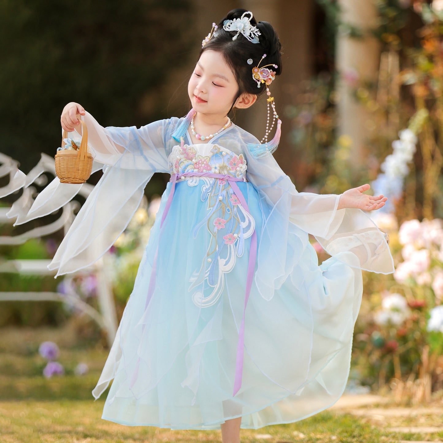 JXGX Girls Blue Hanfu Dress – Elegant Chinese Fairy Dress Kids Traditional Embroidered Princess Outfit ---YangCai